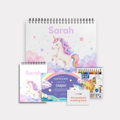 Personalized Colouring Gift Set for Girls - Unicorn Colour Book (A4- 42 - Papers) with Child's Name + Certificate + Colour Pencils + Greeting Card + A6 notebook